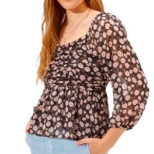 American Eagle floral rose chiffon smocked baby doll blouse with puff sleeve S